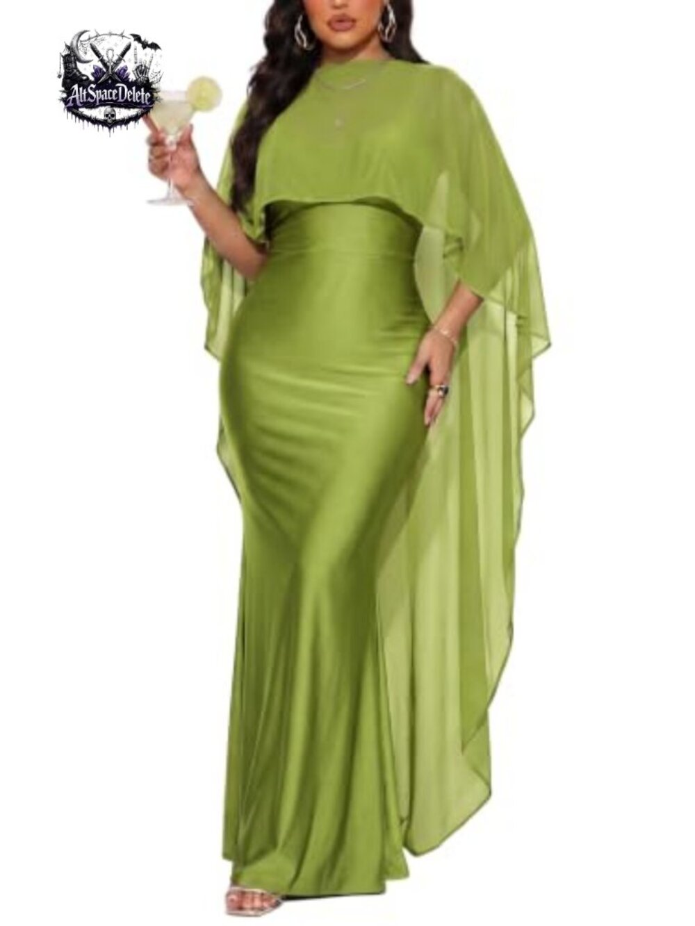 Satin Bodycon Maxi Dress Chiffon Cape Formal Wedding Guest